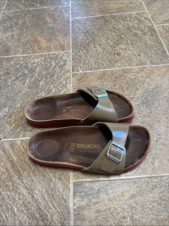 Birkenstock Shoes - Birkenstock Single Strap Slide in Olive with Red Trim